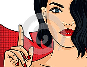 Color pop art comic style illustration. Girl with red lipstick on red dotted background. Beautiful young woman points finge