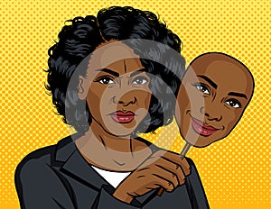 Color pop art style illustration. African American girl with a fake face. Dark skinned girl holds a mask with an artificial