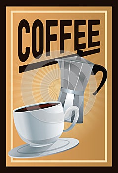 Color poster coffee with linear glow and metallic jar of coffee with handle and porcelain cup and dish