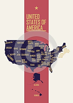 Color poster with detailed map of the United States of America, with state names, travel to USA concept vector illustration