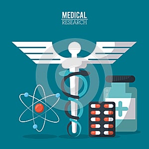 Color poster medical research with caduceus symbol and pills and atom icon