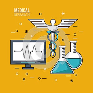 Color poster medical research with pulse monitor and caduceus symbol and test tubes