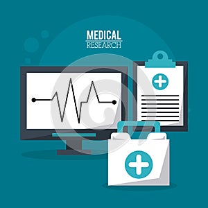 Color poster medical research with pulse monitor and medical clipboard and first aid kit