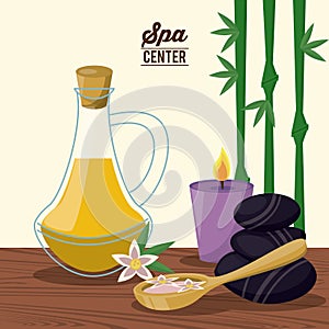 Color poster of spa center with bamboo plant and oil essence bottle and lava stones and candle