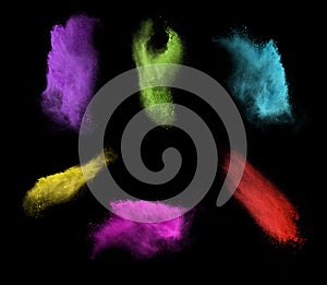 Color powder explosion set isolated on black