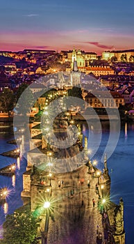 the night view of Charles Bridge in Prague, Czech Republic