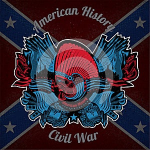 Color print with indian head and vintage weapons on Confederate flag background