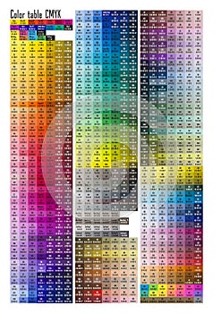 Color print test page. Colour palette to CMYK. Process color. Color composition conform to the CMYK description.