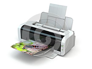 Color printer prints photo on white background.