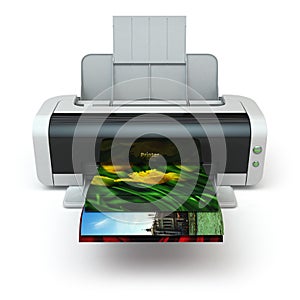 Color printer prints photo on white background.