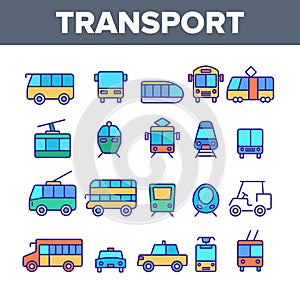 Color Public Transport And Vehicle Vector Linear Icons Set