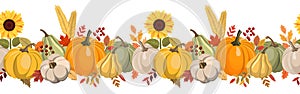 Color pumpkins and autumn leaves horizontal seamless background. Vector harvest illustration