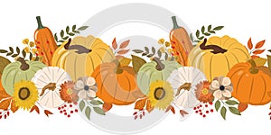 Color pumpkins and autumn leaves horizontal seamless background. Vector illustration