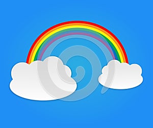 Color rainbow with clouds, sky. Vector cartoon illustration on blue. Summer symbol. Sticker, patch badge. Design for deco