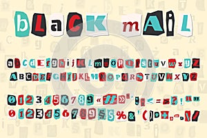 Color ransom collage style letters numbers and punctuation marks cut from newspapers and magazines. Vintage ABC