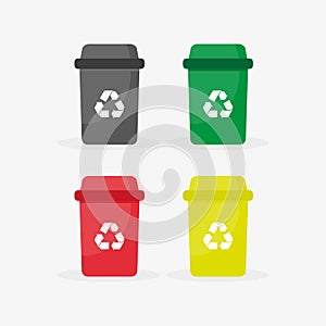Color recycle garbage bins with paper, glass, plastic, metal. Reuse or reduce symbol with long shadow. Plastic recycle trash can.