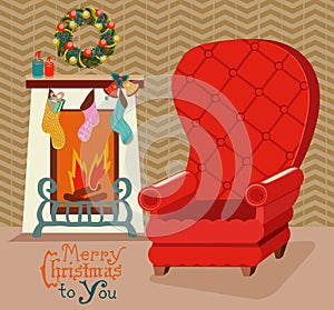 Color retro room with fireplace, and big soft chair for Christmas