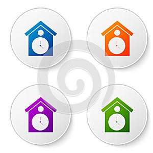 Color Retro wall watch icon isolated on white background. Cuckoo clock sign. Antique pendulum clock. Set icons in circle