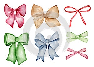 Color ribbon bow set. Watercolor Christmas decoration elementÑ‹. Girl hair accessory, knot clipart