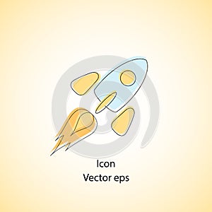 Color rocket ship icon in flat design. Flying rocket in space. A simple icon of a spaceship, Cartoon, isolated background. Vector.