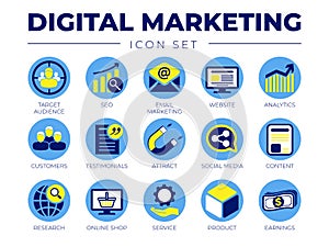 Color Round Digital Marketing Icon Set. Target Audience, SEO, Email Marketing, Website, Analytics, Customers, Testimonials,