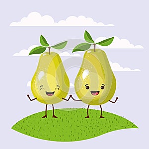 Color scene set sky landscape and grass with couple expressive gesture pear fruits kawaii holding hands