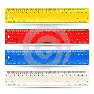 Color school measuring rulers in centimeters and inches vector set