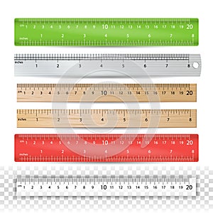 Color School Ruler Vector. Plastic, Wooden, Metal. Centimeters And Inches Scale. Stationery Ruler Tool. Isolated