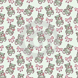 Color seamless pattern of bears and bows.