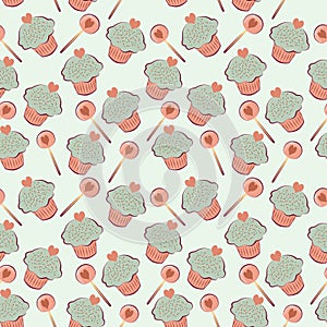 Color seamless pattern of cake and lollipop with heart.