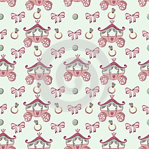 Color seamless pattern of carriage, ring and bow.