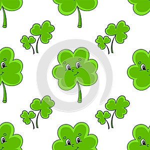 Color seamless pattern. Clover shamrock. St. Patrick `s Day. Cartoon style. Hand drawn. Vector illustration isolated on white