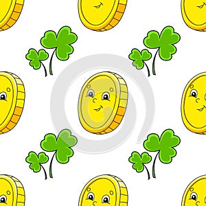 Color seamless pattern. Gold coin. St. Patrick `s Day. Cartoon style. Hand drawn. Vector illustration isolated on white backgroun
