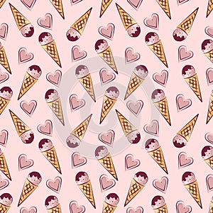 Color seamless pattern of ice cream and hearts.