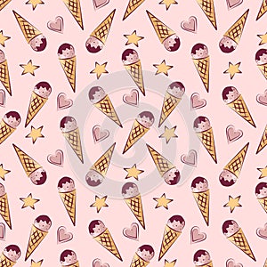 Color seamless pattern of ice cream, stars and hearts.