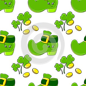 Color seamless pattern. Leprechaun boot. St. Patrick `s Day. Cartoon style. Hand drawn. Vector illustration isolated on white