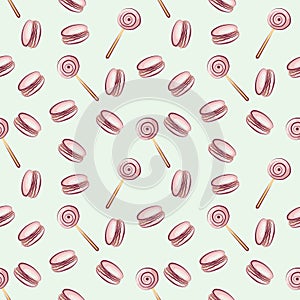 Color seamless pattern of macaroons and lollipops.
