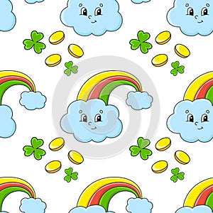 Color seamless pattern. Magic rainbow. St. Patrick `s Day. Cartoon style. Hand drawn. Vector illustration isolated on white