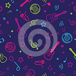 Color seamless pattern musical notes and guitars