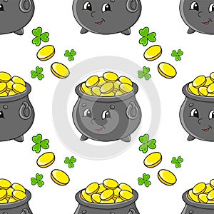 Color seamless pattern. Pot of gold. St. Patrick `s Day. Cartoon style. Hand drawn. Vector illustration isolated on white