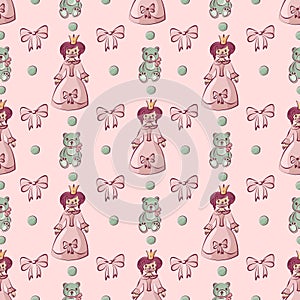 Color seamless pattern of princess, bear and bow .