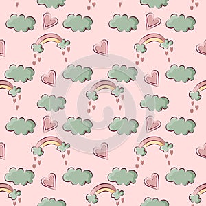Color seamless pattern of rainbows and clouds .