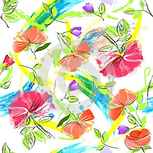 Color seamless pattern of wildflowers.painting