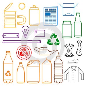 Color separated waste outlines icons photo