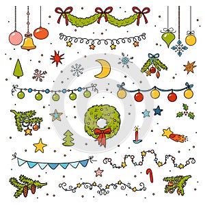 Color set of Christmas items. Cartoon collection of vector design elements