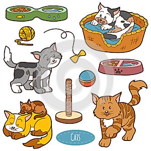 Color set of cute domestic animals and objects