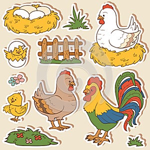 Color set of cute farm animals, vector family chicken