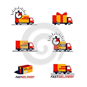 Color set of delivery related Icons. Trucks and delivery vans in red and yellow. Simple flat style icons isolated on