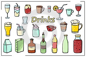 Color set of hand drawn drinks in line style. Vector illustration.