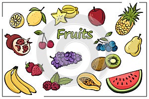 Color set of Hand-drawning fruits and berries in line style. Vector illustration.